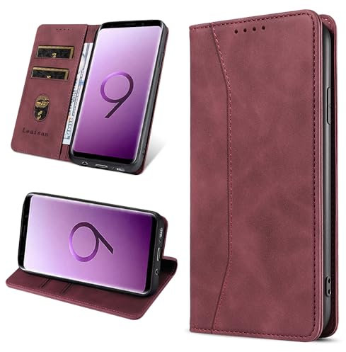 Leaisan Handyhülle für Samsung Galaxy S9 Hülle Premium Leder Flip Klappbare Stoßfeste Magnetische [Standfunktion] [Kartenfächern] Schutzhülle für Samsung Galaxy S9 Tasche - Wein Rot