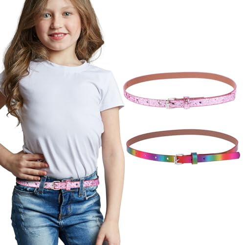 Amaxiu Lot de 2 ceintures fines pour filles, filles - Ceinture à paillettes - En cuir synthétique brillant - Ceinture réglable pour jeans et robe, Arc-en-ciel + rose, 85 cm, 55–70 cm