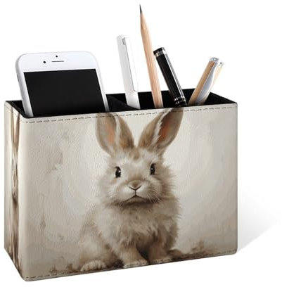 Famame Pot à crayons lapin marron pour bureau, bureau en cuir, rangement pour stylos, stylos, pinceaux de maquillage pour salle de classe, bureau, maison