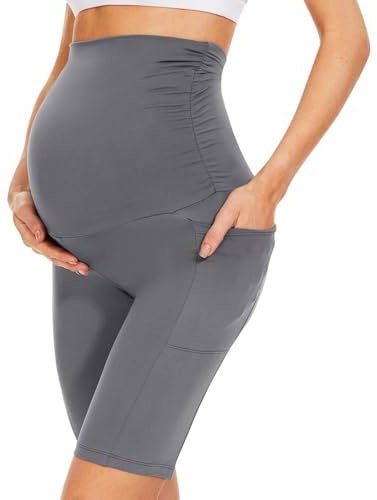 QGGQDD Kurze Umstandsleggings mit Taschen Umstands Radlerhose Damen Umstandshose Kurz Schwangerschaft Für Schwangere(Dunkelgrau,Medium)