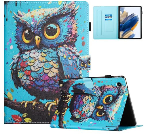 XFDSFDL® Schutzhülle für Samsung Galaxy Tab A9 SM-X110/X115/X117 (8,7 Zoll) PU Leder Hülle Flip Cover Farbige Eulen Muster mit Ständer Taschen Case Auto Aufwachen/Schlaf Ledertasche 02