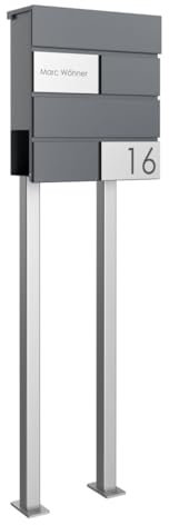 Briefkasten Manufaktur Design Standbriefkasten Kant Edition mit Zeitungsfach - Elegance 3 individuell mit Ihrem Namen & Hausnummer - 120cm Edelstahl-Ständer (RAL 7016 anthrazitgrau)