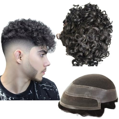 Toupet für Männer, Echthaar-Perücken, Herren-Toupet mit weichen, Periphere PU+feinen Schweizer Spitzenhaareinheiten, 10 mm gewelltes Herren-Perücke-Toupet-Haar,10 x 8 (#1B Off Black)