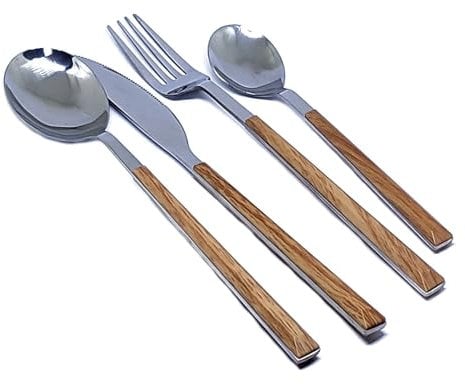 16-Piece Wood Grain Effect Cutlery Set, Stainless Steel Flatware with Premium ABS Handles, Stylish Tableware by BWD