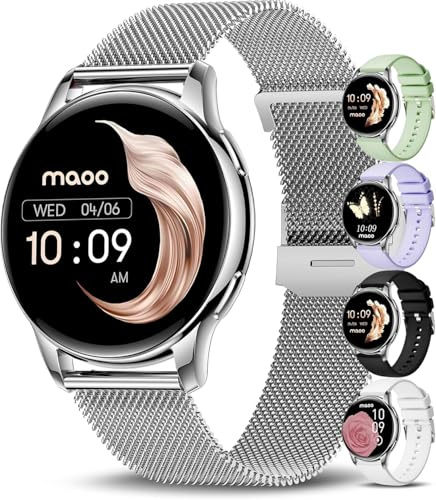 Maoo Ventura AMOLED Smartwatch Donna, Always On Display, Cinturino in Acciaio Inox e Silicone, Funzione chiamata, Contapassi, Cardiofrequenzimetro, Monitoraggio del sonno, 100+ Modalità Sport, 300+
