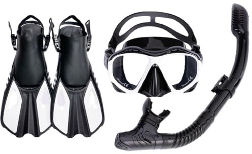 Schnorchelausrüstung für Erwachsene, 3-in-1-Schnorchelset mit Panorama-Tauchmaske, Anti-Beschlag- und Auslaufschutz, Dry-Top-Schnorchel, Flossen (schwarz-weiß, S/M)