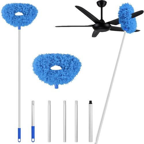Ceiling Fan Cleaner Duster High Ceiling Fan Cleaner Extended Fan Blade Cleaner Reusable Microfiber Ceiling Fan Blade Cleaner Adjusts 13 to 67 Inch for Cleaning Walls Cobweb Door Window Top （Blue）