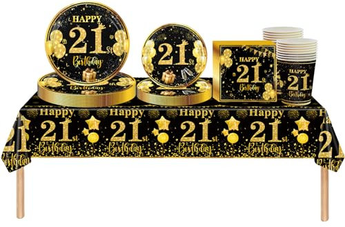 69pcs Black Gold 21st Birthday Decorations for Boys Girls,21st Birthday Tableware Tablecloth Paper Plates Napkins Serviettes and Cups for 21st Birthday Table Decoration for Him,Her 21st Birthday Gifts
