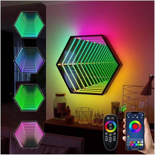Fablestoryem Infinity Mirror Tunnel Lamp, Changing Light, Single-Sided LED 3D Mirror Night Light, Sensory Infinity Light for Home, Desk, Living Room, Party Decoration,Hexagon-11.8/30cm