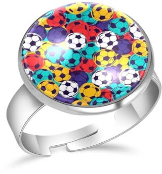 PAFEFO Bunte Fußballringe aus Edelstahl, nahtloses Muster, verstellbar, vielseitig und exquisit, Schmuck für Hochzeit, Geburtstag, Verlobung und den Alltag, 16 mm, Edelstahl Aus Edelstahl