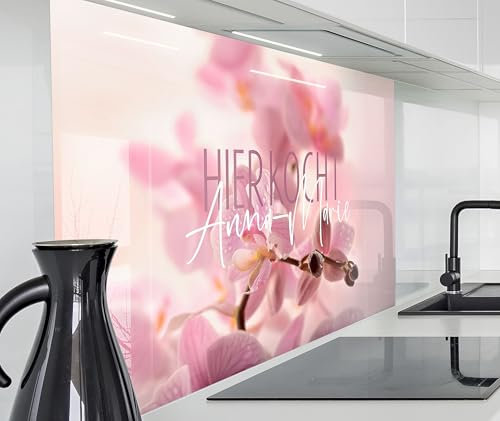 timalo Herd Spritzschutz Wand Spüle, Küche Küchenrückwand Glasoptik | Acryl Glas 2mm | Glasrückwand Acrylglas - personalisiert mit Namen - Rückwandschutz Platte | 60x40cm Blumen, rosa Orchideen