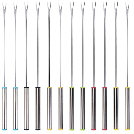 12 Stück 24 cm Fonduegabeln Edelstahl, 6 Farbe Schokofondue Gabeln mit Hitzebeständigem Griff, Fonduegabeln Käse für Schokoladenbrunnen Käse Fondue Gebratene Marshmallows