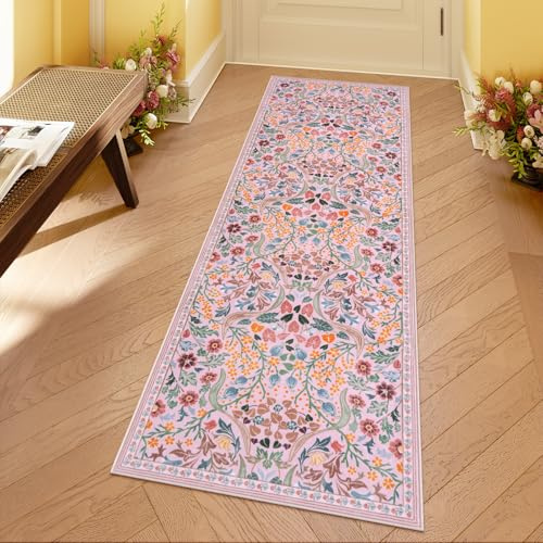 Moynesa Floral Flurläufer, 2x6 Rosa Waschbarer Läufer Teppich, Rutschfester Boho Weicher Teppichläufer für Badezimmer, Ultra Dünner Blumen Innen Teppichläufer für Küche Wäsche Schlafzimmer, Rosa