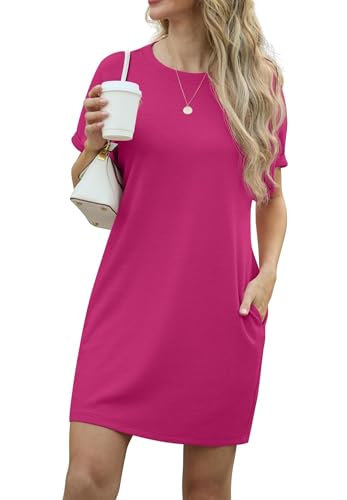 GRECERELLE Womens Summer Mini Dress Cap Sleeve Crew Neck T Shirt Short Casual Beach A Line Dresses with Pockets (Hot Pink, M)