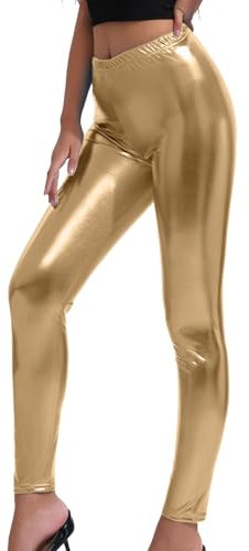 Damen Metallic Leggings Glänzende Hose mit Hoher Taille Shiny Leggings Karneval Glänzende Metallischer Hosen Damen 80er Metallic Leggings Silber Leggings Glitzer Disco Outfit (b-Gold, XXL)