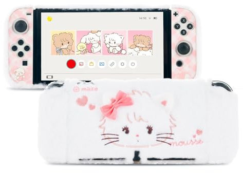 GeekShare Plush Protective Case for Switch OLED, Kawaii Plush Cover Case, Anti-Scratch Switch Hard Case Protector Compatible with Switch OLED and Controllers - Mikko Sweet Thoughts