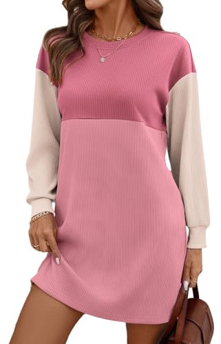 OLIPHEE Robe Femme Chic et Élégant Col Rond Couleurs Contrastées Robe Longue Femme Côtelé Manches Longues Casual Ample Printemps Été Rose XL