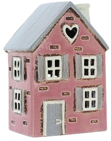 Lichthaus | Teelichthaus | Lichterhaus | Teelichthalter | Kerzenhalter | Keramik (Rosa/Grau 16,3x11,5x8,5 cm)