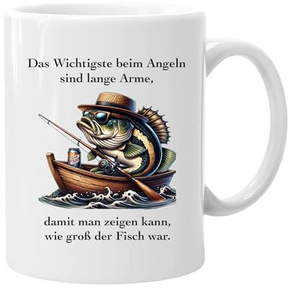 Keramik Tasse Angler lustig - Geschenk/Anglerfreunde - Spruch - 'Das Wichtigste beim Angeln sind lange Arme, damit man zeigen kann wie groß der Fisch war.' Geschenk Geburtstag, Ostern (Motiv 5)