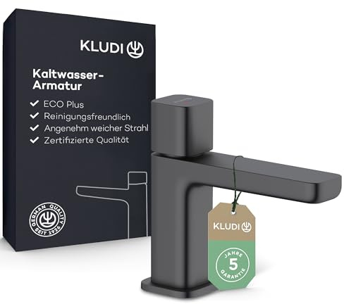 KLUDI-X3 Waschtischarmatur Kaltwasser, Auslaufhöhe 80 mm, wassersparender Wasserhahn Bad Schwarz Matt, Keramikkartusche, Mischbatterie Waschbecken für Gast WC
