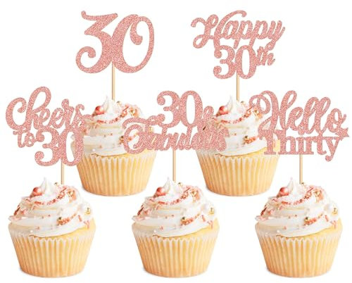 Blumomon 30Pcs Rose Gold 30th Happy Birthday Cupcake Toppers Happy 30 Cupcake Topper Cheers to 30 Fabulous Cake Decoration for 30th Birthday Party Decoration 30th Anniversary Cake Decoration