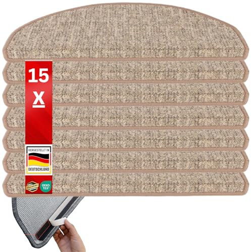 etm Original Stufenmatten Treppen-Teppich 15er Spar Set 20 Farben und 20 Modelle zur Auswahl (Halbrund, 65 x 23,5 cm Beige) Alto