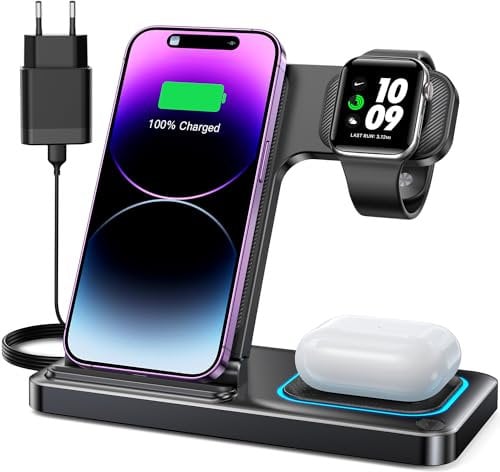 DUMTERR 3 in 1 Apple Ladestation für Apple Watch und iPhone iPod, iPhone Ladestation für iPhone 16 15 14 13 12 11 Pro Max,Wireless Charger für Apple Watch Serie/AirPods - Faltbare & tragbare(Schwarz)