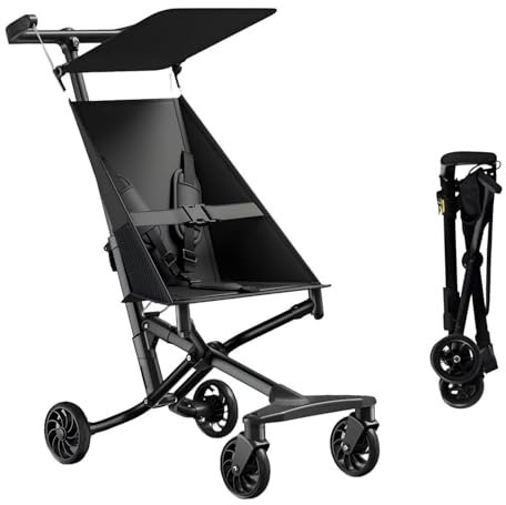Opaeroo Leichtester Kinderwagen 2.8kg Einhand-Faltung in 1 Sekunde Kompakt für Flugzeug 0-6 Jahre Fluggepäcktauglich Verstellbarer Sonnenschutz Korb Black