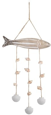 Mobile mit Fisch und echten Muscheln aus MDF Holz 20,5x31cm - Hängend - Windspiel für Balkon Fenster Terrasse Garten - Indoor & Outdoor Hängedeko - Hänge Mobile - Braun Weiß