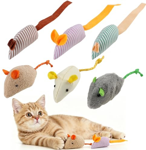 HoxzoDa 6 Pièces Souris en Peluche pour Chat, Jouets Souris avec Longue Queue pour Stimuler l'Instinct de Chasse, Jouets Doux à l'herbe à Chat, Set de Jouets Interactifs pour Chat