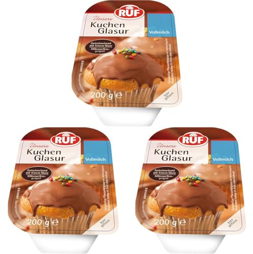 RUF Kuchen-Glasur Vollmilch-Schokolade, 200g im Becher, mikrowellengeeignet, zum Glasieren & Dekorieren von Plätzchen, Muffins & Kuchen, glutenfrei (Packung mit 3)