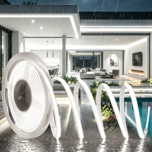 SUCIKORIO 5m Neon COB LED Streifen Ohne Trafo 230V Silikon Wasserdicht IP65 | Selbstklebend Weiß 6000K 230V Direktanschluss Led Strip Outdoor Zuschneidbar Aussenbereich Lichtleiste LED Schlauch Außen