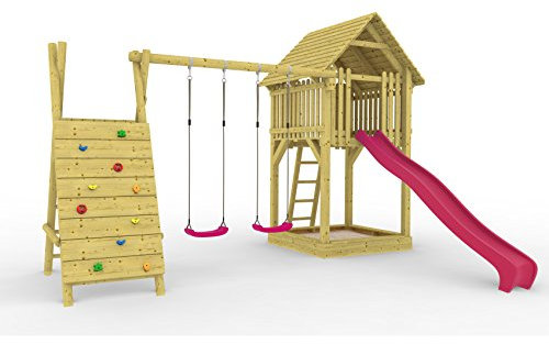 HOQ 7289 - Spielturm Jonas All Inclusive mit Doppelschaukel, Kletterbock, Rutschbahn, Kletterwand und Sandkasten. (Pink)