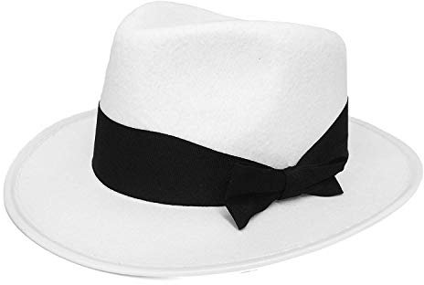 Weißer Gangsterhut für Erwachsene, Kostüm-Zubehör – hochwertiger A-Kapon-Kapon-Gangster-Tlby-Fedora mit schwarzem Band – perfekt für Gangster-Kostüme – 60 cm