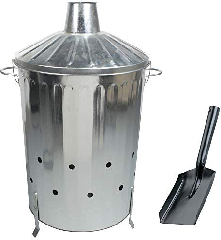 90L Extra Large Garden Incinerator Bin – Galvanised Metal Burning Bin with Lid & Ash Shovel – Outdoor Waste, Rubbish, Leaves, Paper & Garden Refuse Burner – Quick Burning Ventilation Design