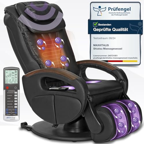 Massagesessel mit elek. Aufstehfunktion, Shiatsu-Massage, Wärmefunktion, 4 Massagetechniken, 6 Massagezonen, Transportrollen, inkl. Kopf- & Nackenkissen (Schwarz)