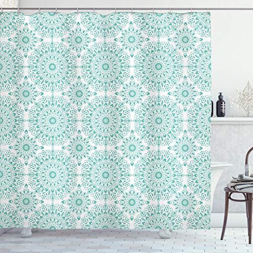 ABAKUHAUS Oriental Rideau de Douche, Tourbillons orientaux, Tissu Ensemble de Décor de Salle de Bain avec Crochets, 175 cm x 180 cm, Aqua et Blanc