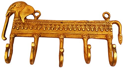 Purpledip Brass Wall Hook 'Regal Elephants': Vintage Design Coat Clothes Hanger (11735)