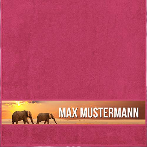 Manutextur Duschtuch Mit Namen - Personalisiert - Tiere Motiv Elefant - Viele Farben - Dusch-Handtuch - Fuchsia - Größe 70x140 cm - Persönliches Geschenk Mit Wunsch-Name