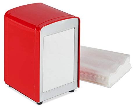 Relaxdays Serviettenspender Retro, Metall, kleine Serviettenhalter für Eisdiele, Café, Bistro, HBT: 15x9,5x11, rot