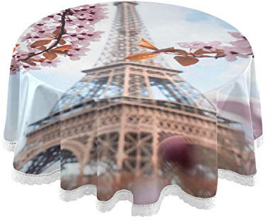 AUUXVA BIGJOKE Tischdecke, Eiffelturm, Paris, Frankreich, rund, Polyester, hitzebeständig, knitterfrei, Tischwäsche, Tischdecke mit Spitze für Zuhause, Esszimmer, Party