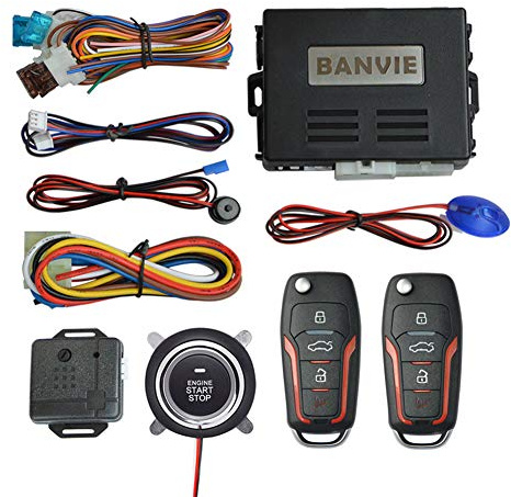 BANVIE ① Car Keyless Entry Security Alarm System + ② Remote Engine Starter + ③ Push to Start Stop Iginition Kit Button