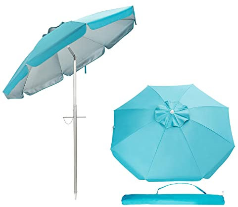 RELAX4LIFE Sombrilla de Playa Inclinable Φ198cm con Protección Solar UPF 50+ y Bolsa de Transporte, Sombrilla de Aluminio con Montaje en Suelo para Jardín, Terraza y Playa, Sin Base (Azul)