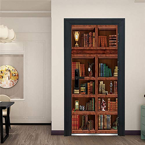 YQLKD Door Wallpaper Vintage Bookshelf Pvc Self-Adhesive Waterproof Door Poster Decal