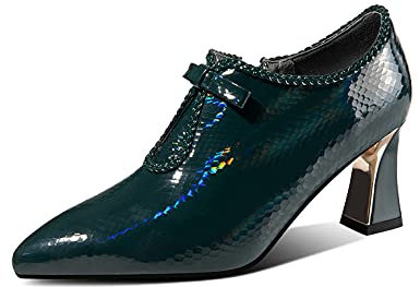 TinaCus Women's Genuine Leather Handmade Mid Heel Pointed Toe Side Zip Up Oxford Pumps with Cute Bowtie, A Green, 5.5