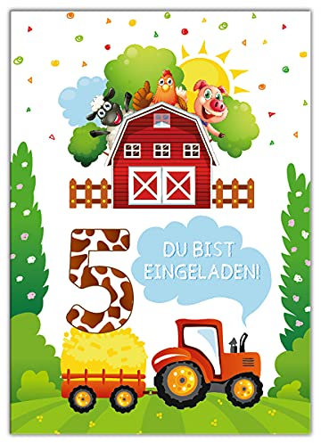 12 Einladungskarten zum 5. Kindergeburtstag fünfte Geburtstag Mädchen Jungen Bauernhof Outdoor-Party