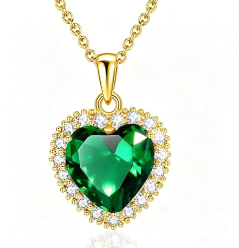 VONSSY Damenkette Edelstein Herz Anhänger Halskette | Kristall Rubin Smaragd Saphir Rosa Geburtsstein Halskette | Weißgold Silber Schmuck Geschenk für Frau Tochter Mutter Freundin