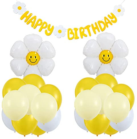 SUNSK Geburtstagsballons Gänseblümchen Luftballons Blume Folienballon Happy Birthday Girlande Runde Latexballon Gelb Weiss Ballons Geburtstag Deko für Kinder (25 Stück)