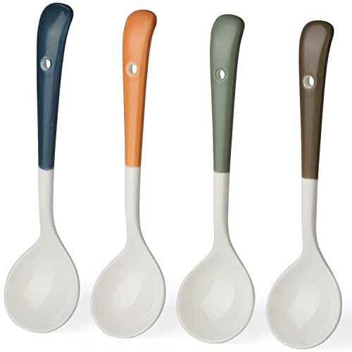 Lot de 4 cuillères à dessert en céramique à long manche en porcelaine coréenne pour manger, dessert, amuse-bouches, céréales (double couleur)
