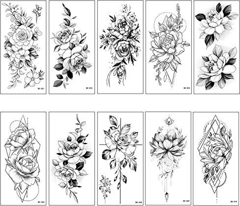 Neoreser Temporaire Tatouages 10 Feuilles, Autocollants, Fleurs Noires Ephemere Faux Tatouages pour Adultes Hommes et Femmes